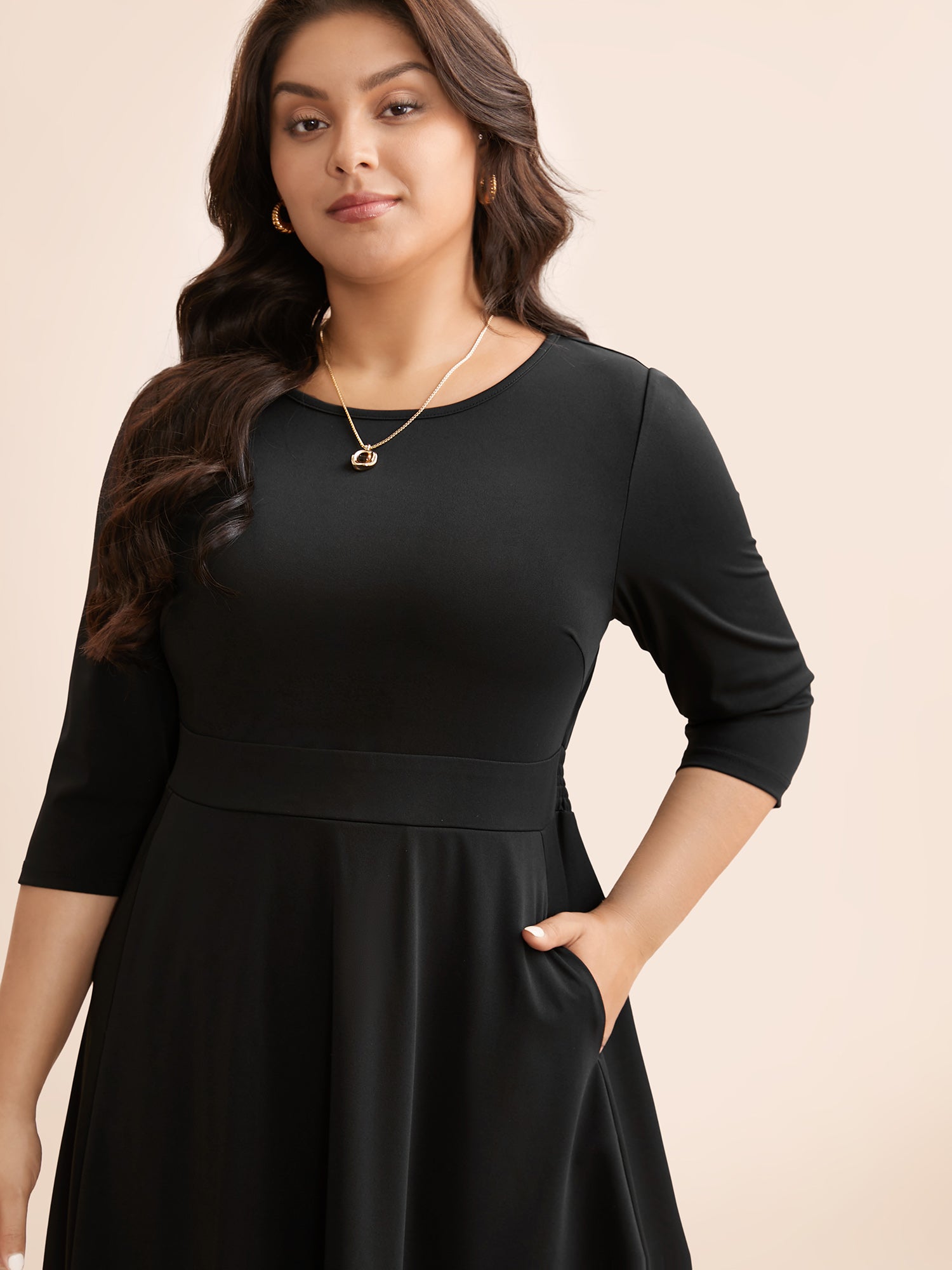 Solid Round Neck Shirred Midi Dress