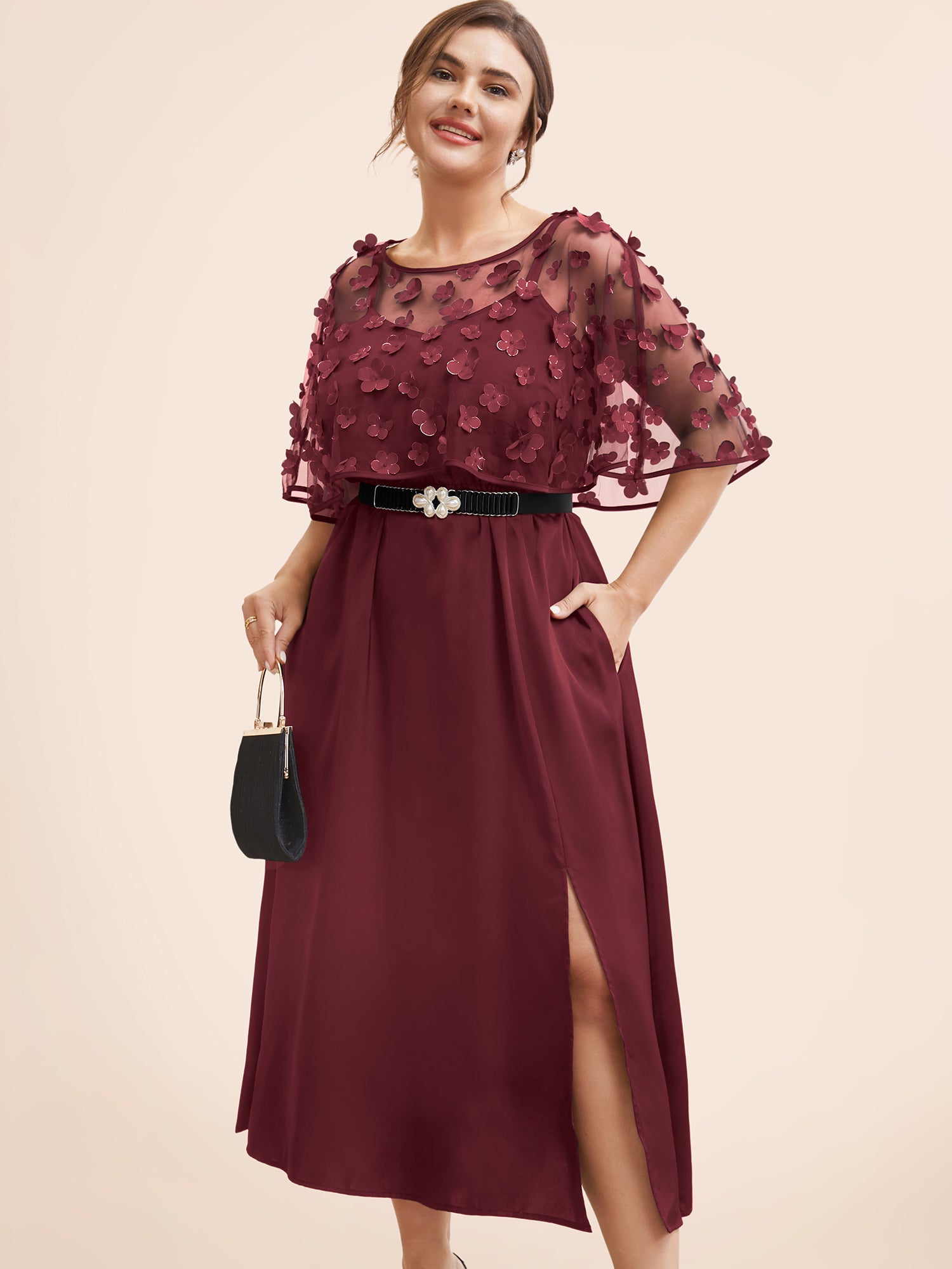 Appliques Mesh Split Hem Dolman Sleeve Dress