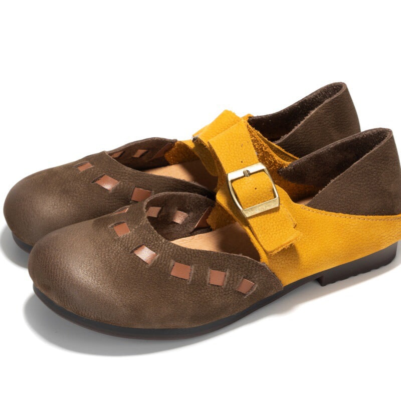 Distinctive Leather Mary Jane Flats Round Toe Buckle Strap Casual Shoes in Yellow Coffee/Yellow Brown