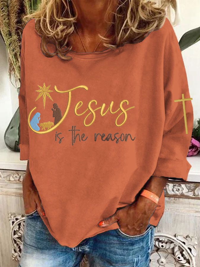 Women's Christmas Religious Jesus Is The Reason Cross Print T-Shirt