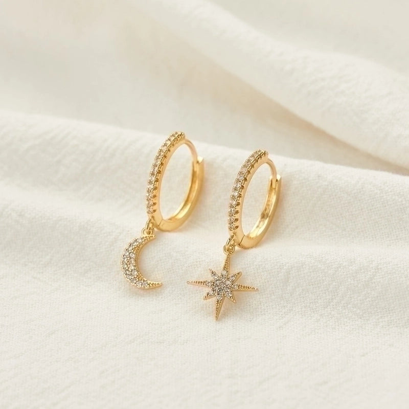 Simple Geometric Moon Snowflake Copper Inlaid Zirconium Irregular Earrings
