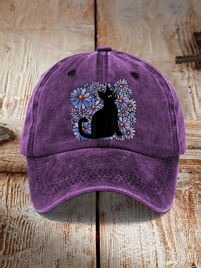 Unisex Floral Black Cat Alzheimer's Awareness Printed Hat