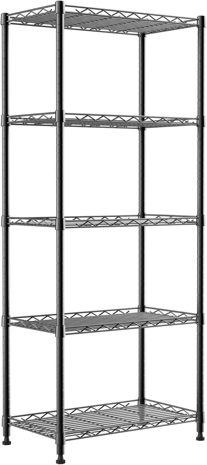 REGILLER 5-Wire Shelving Metal Storage Rack Adjustable Shelves,Standing Storage Shelf Units for Laundry Bathroom Kitchen Pantry Closet(Black,11.8