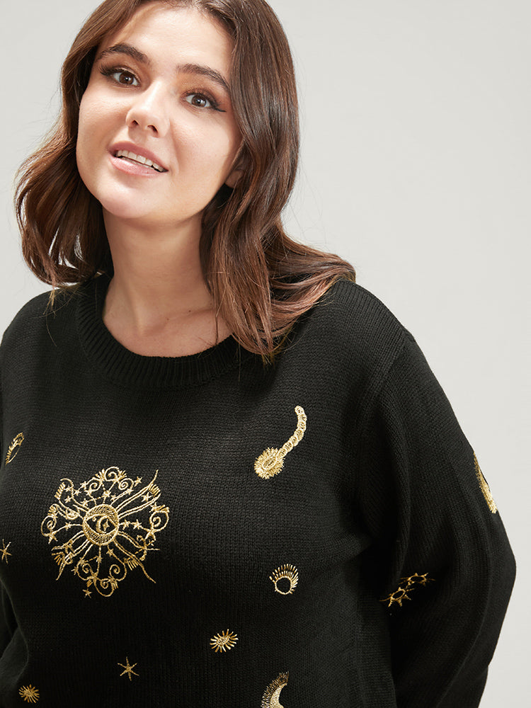 Halloween Moon And Star Pointelle Knit Embroidered Knit Top