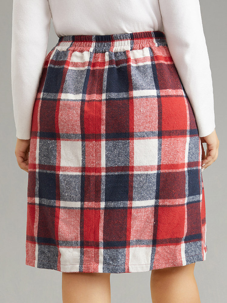 Plaid Button Detail Patched Pocket Skirt