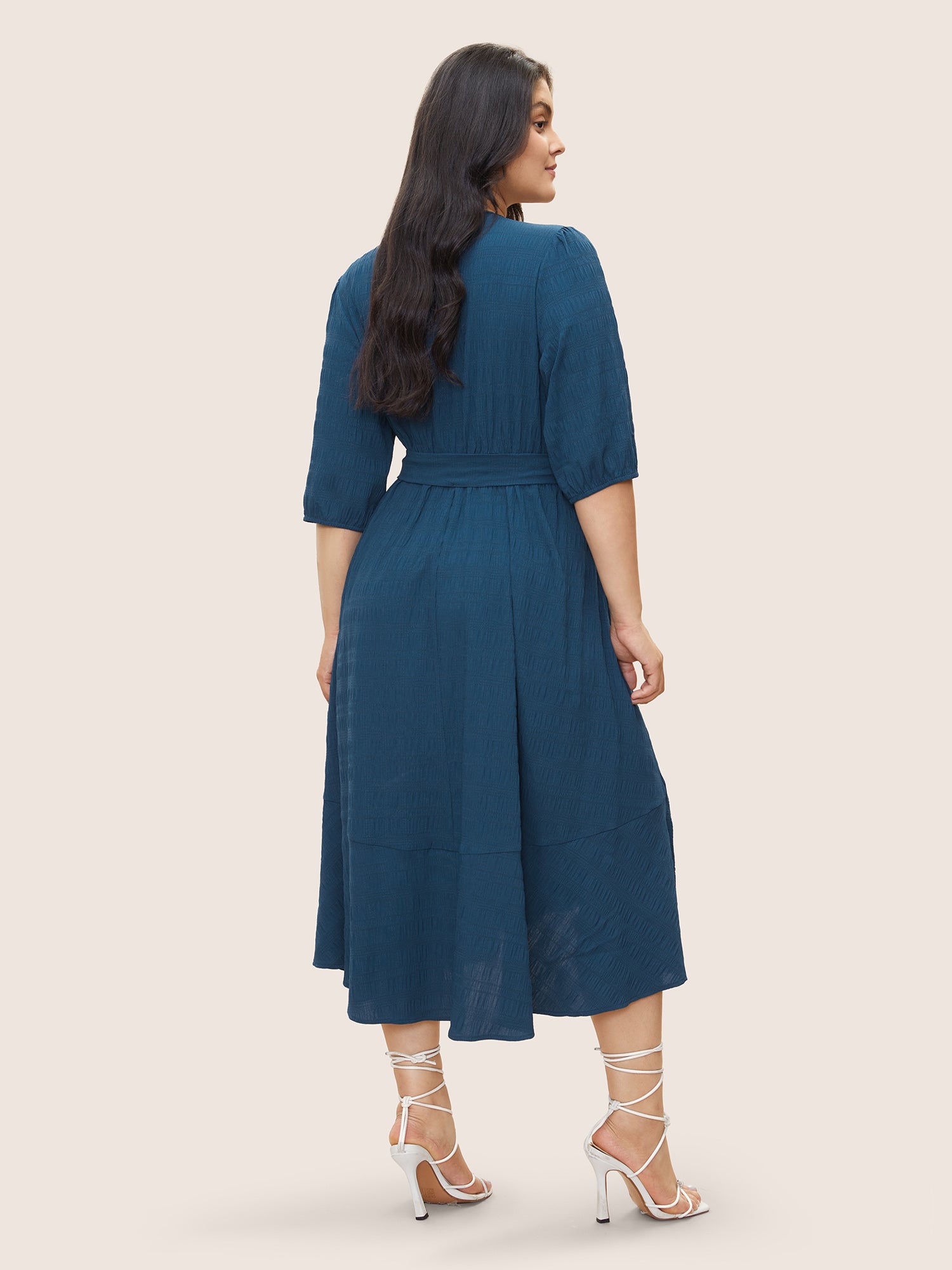 Plisse Overlap Collar Belted Pleated Detail Dress