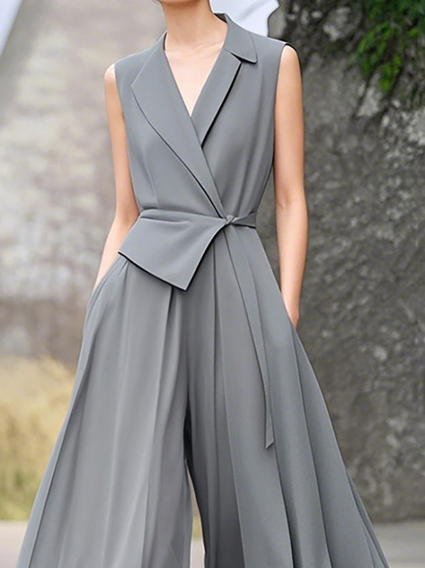 High Waisted Loose Pleated Pockets Solid Color Tied Notched Collar Jumpsuits