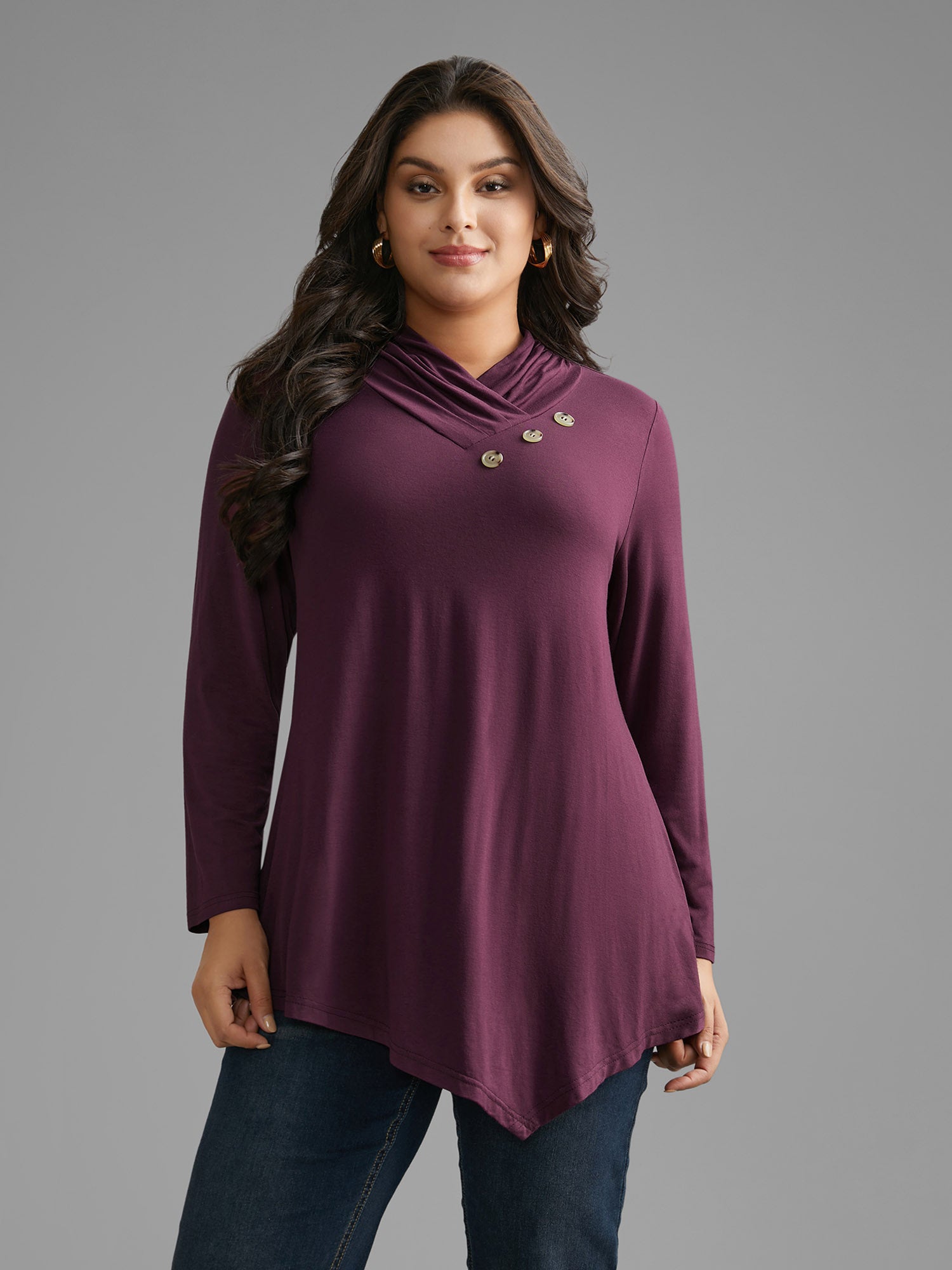 Solid Button Detail Asymmetrical Hem Jersey Top