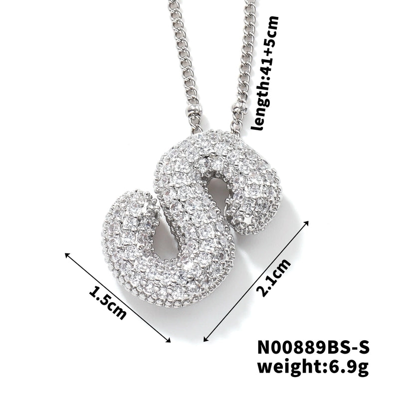 304 Stainless Steel Copper Rhodium Plated Three-dimensional Inlay Letter Zircon Pendant Necklace
