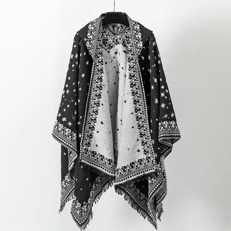 New Poncho Shawl In Stock Hooded Split Knitted Shawl Cashmere-like Warm Scarf For Women