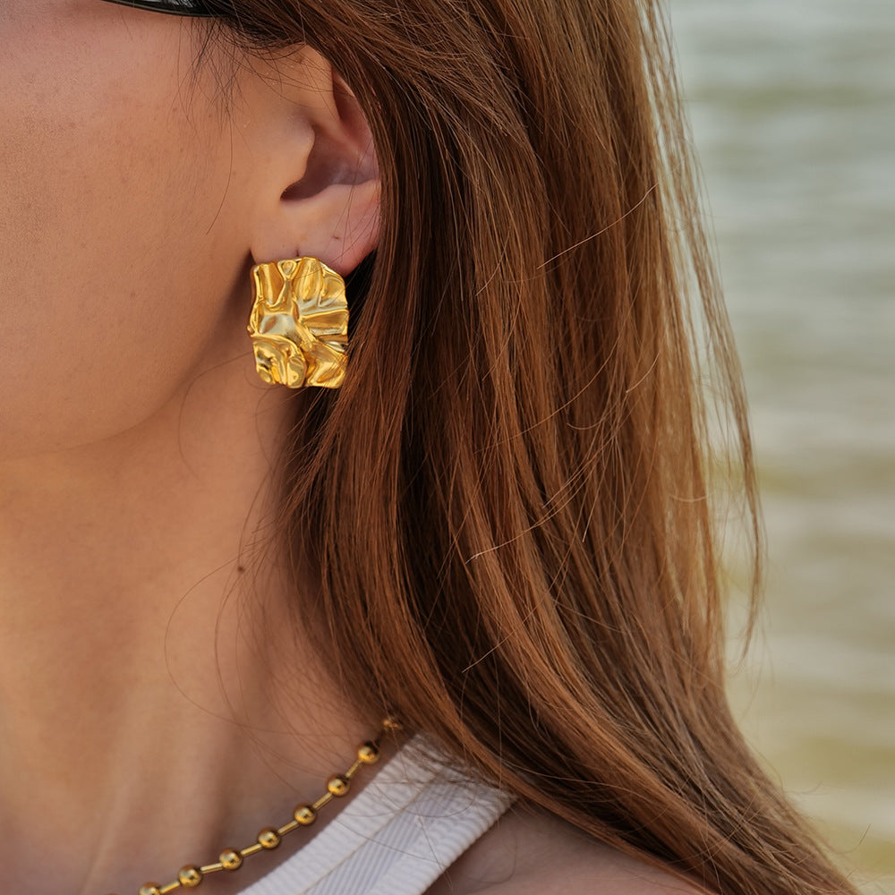 IG Style Checkered Geometric Stainless Steel 18K Gold Plated Earrings
