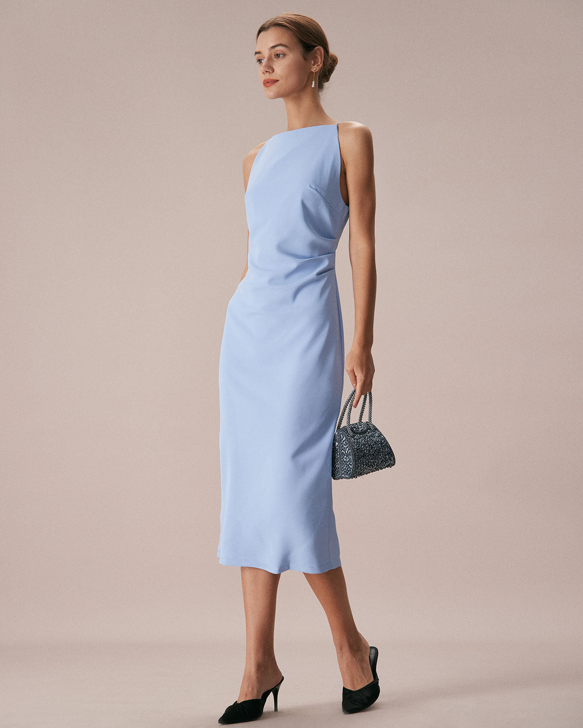 The Blue Boat Neck Bodycon Strap Midi Dress