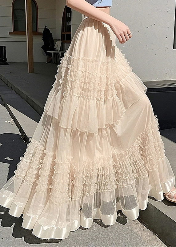 Fashion Apricot Ruffled Elastic Waist Tulle Maxi Skirts Summer