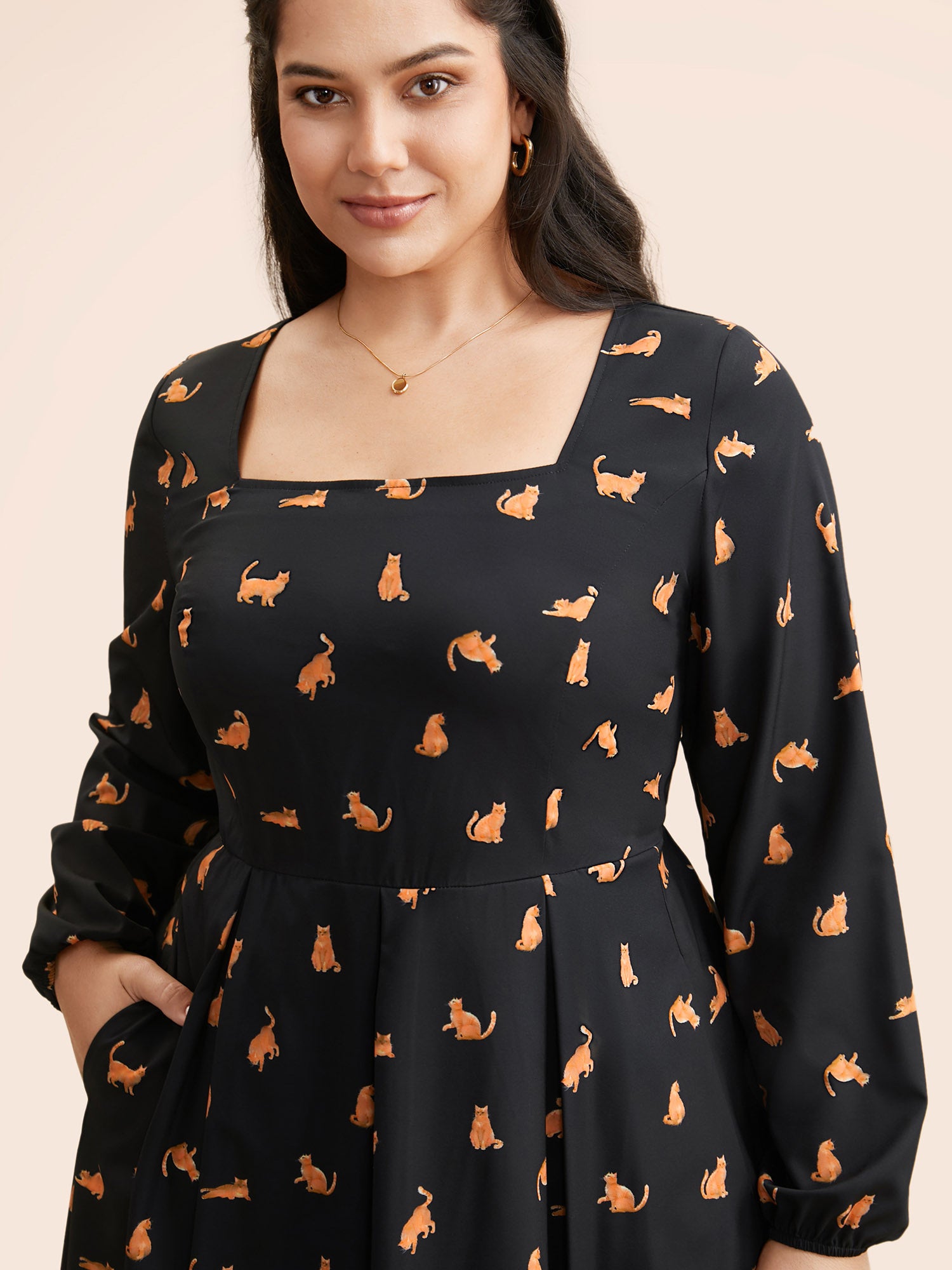 Square Neck Cat Print Pleated Dress