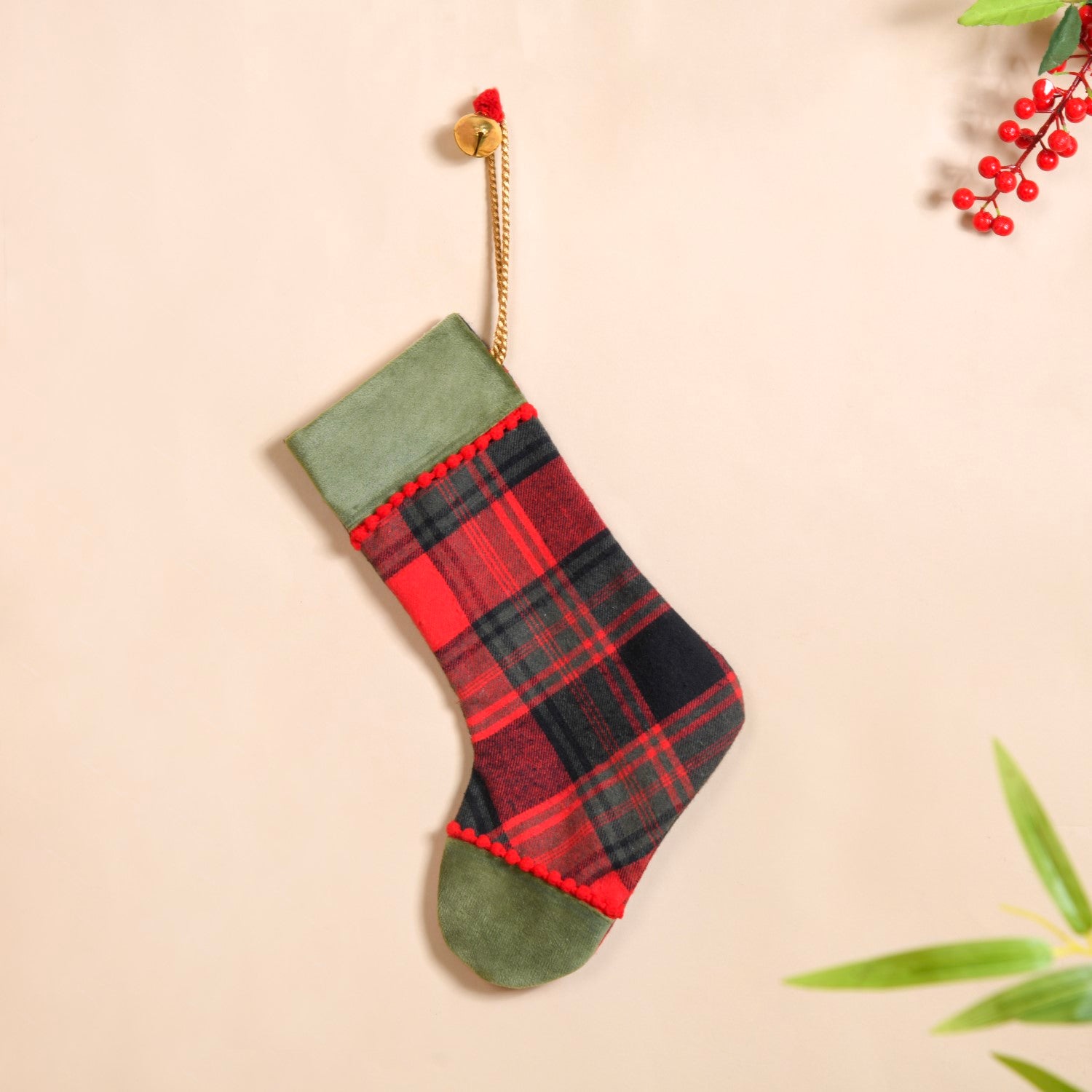 Plaid Bell Santa Stockings Set Of 2