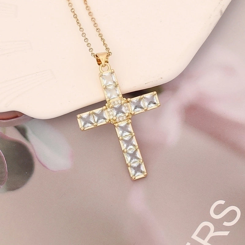Stainless Steel Copper 18K Gold Plated Fashion Inlay Cross Zircon Pendant Necklace