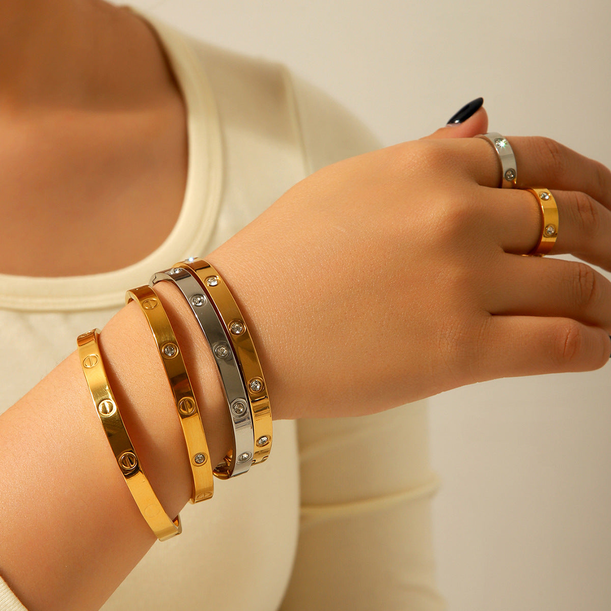 IG Style Round Stainless Steel Diamond Inlay Bangles