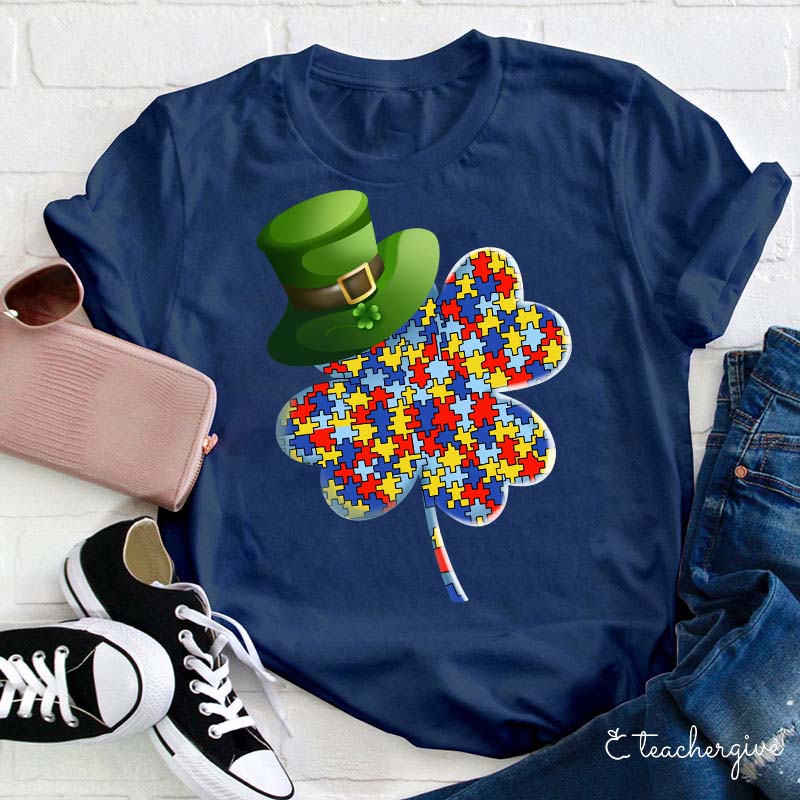 Puzzle Clover Wearing Leprechaun Hat Teacher T-Shirt