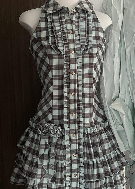 French Peter Pan Collar Plaid Ruffled Cotton Mid Dress Sleeveless