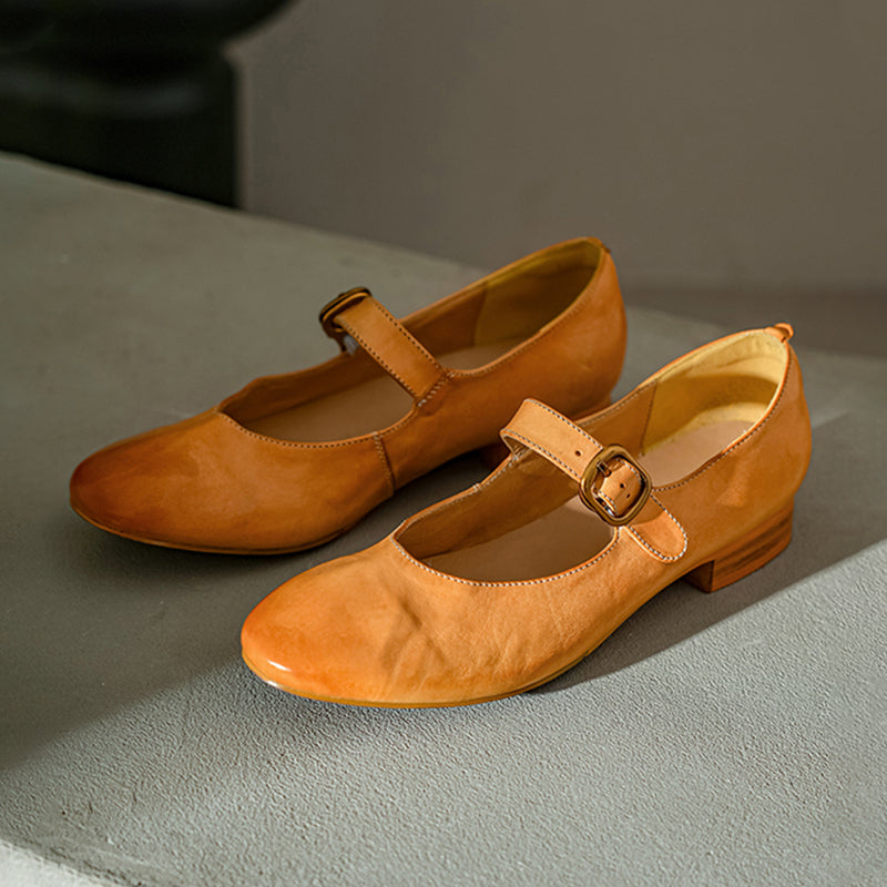 Vintage Handmade Soft Washed Horse Leather Mary Jane Shoes Pink/Blue/Yellow