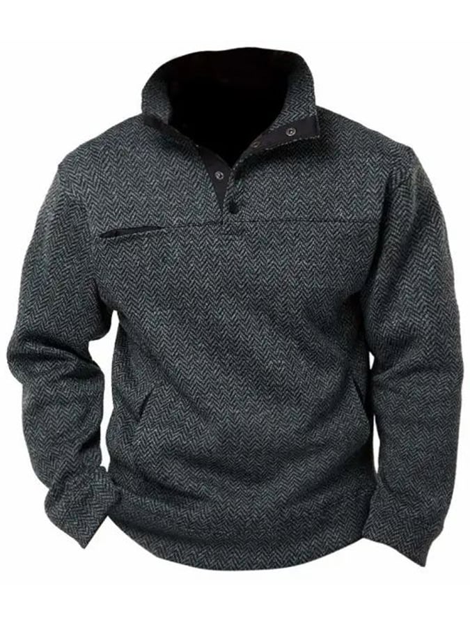 Men's Western Style Herringbone Design Patchwork Stand Collar Button Sweatshirt