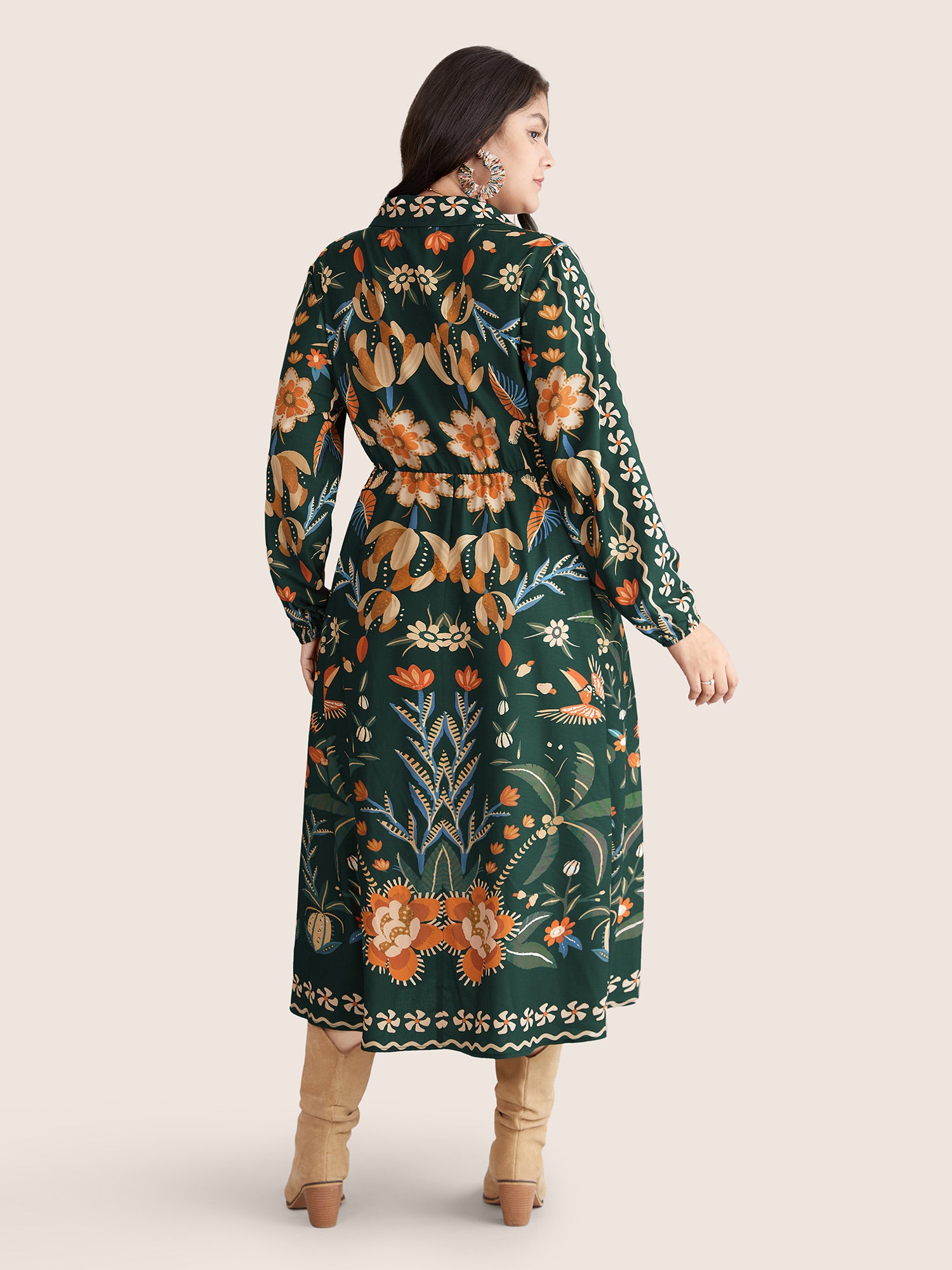 Bandana Print Pocket Lapel Collar Elastic Cuffs Dress