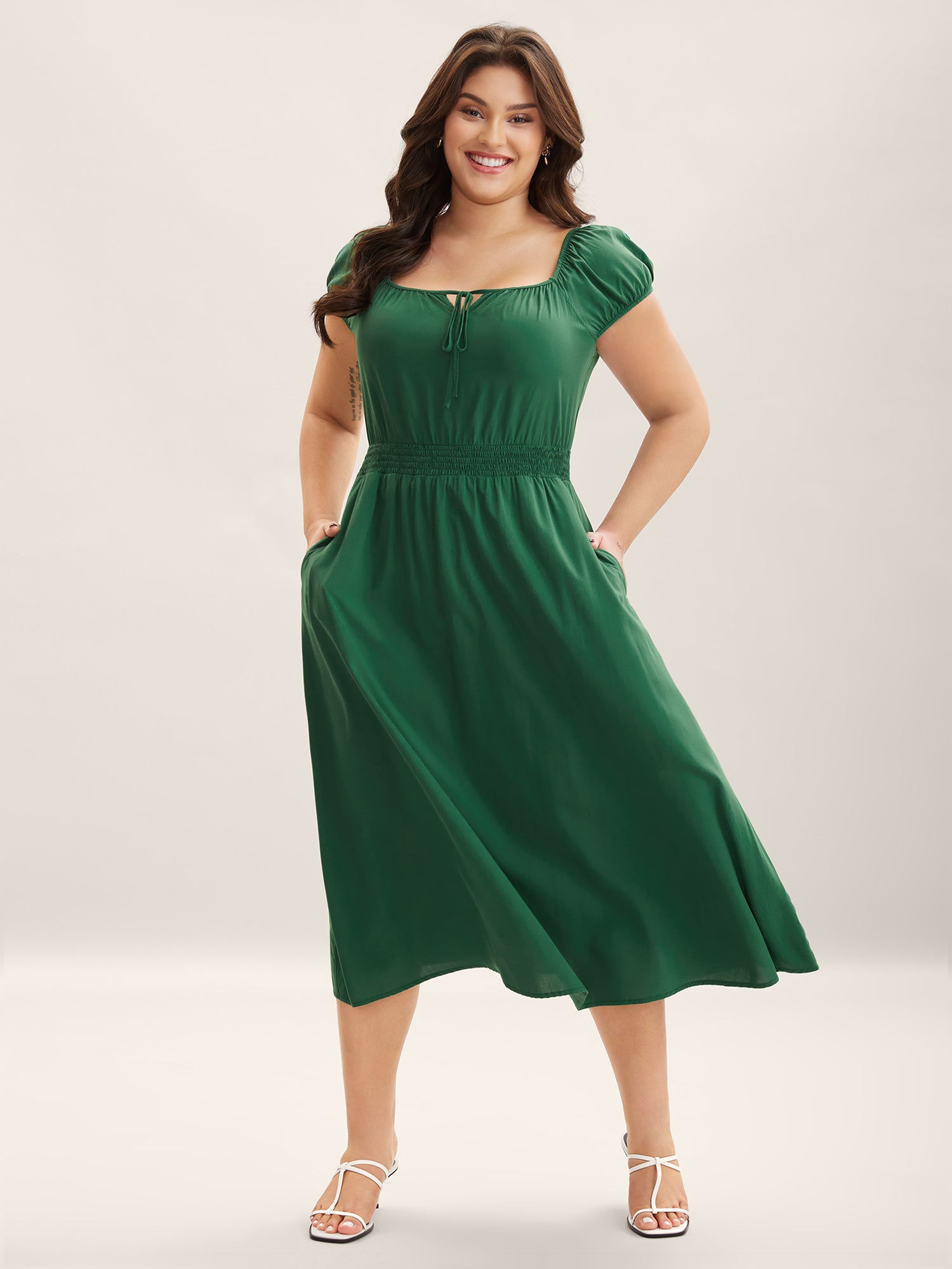 Rayon Keyhole Pockets Solid Milkmaid Dress