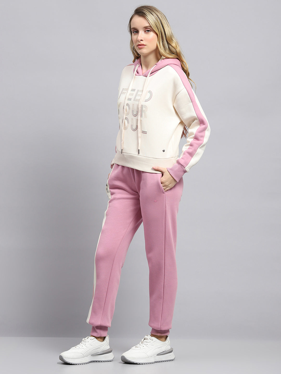 Women Pink Printed Hooded Full Sleeve Tracksuit