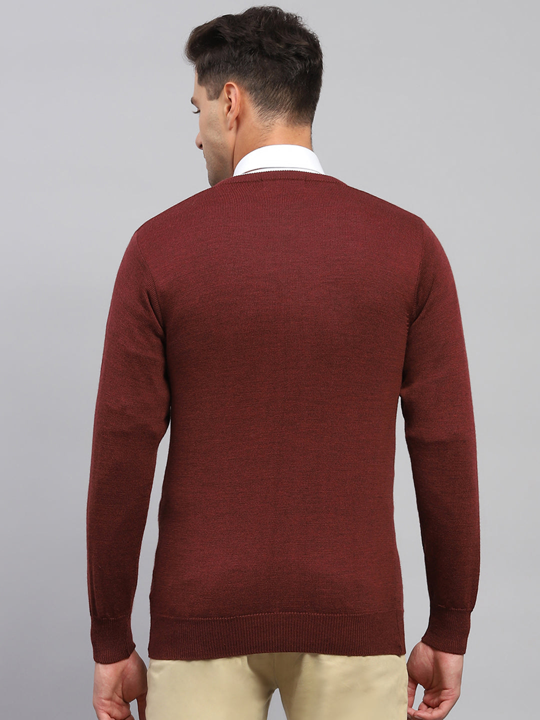 Men Maroon Solid V Neck Full Sleeve Pullover