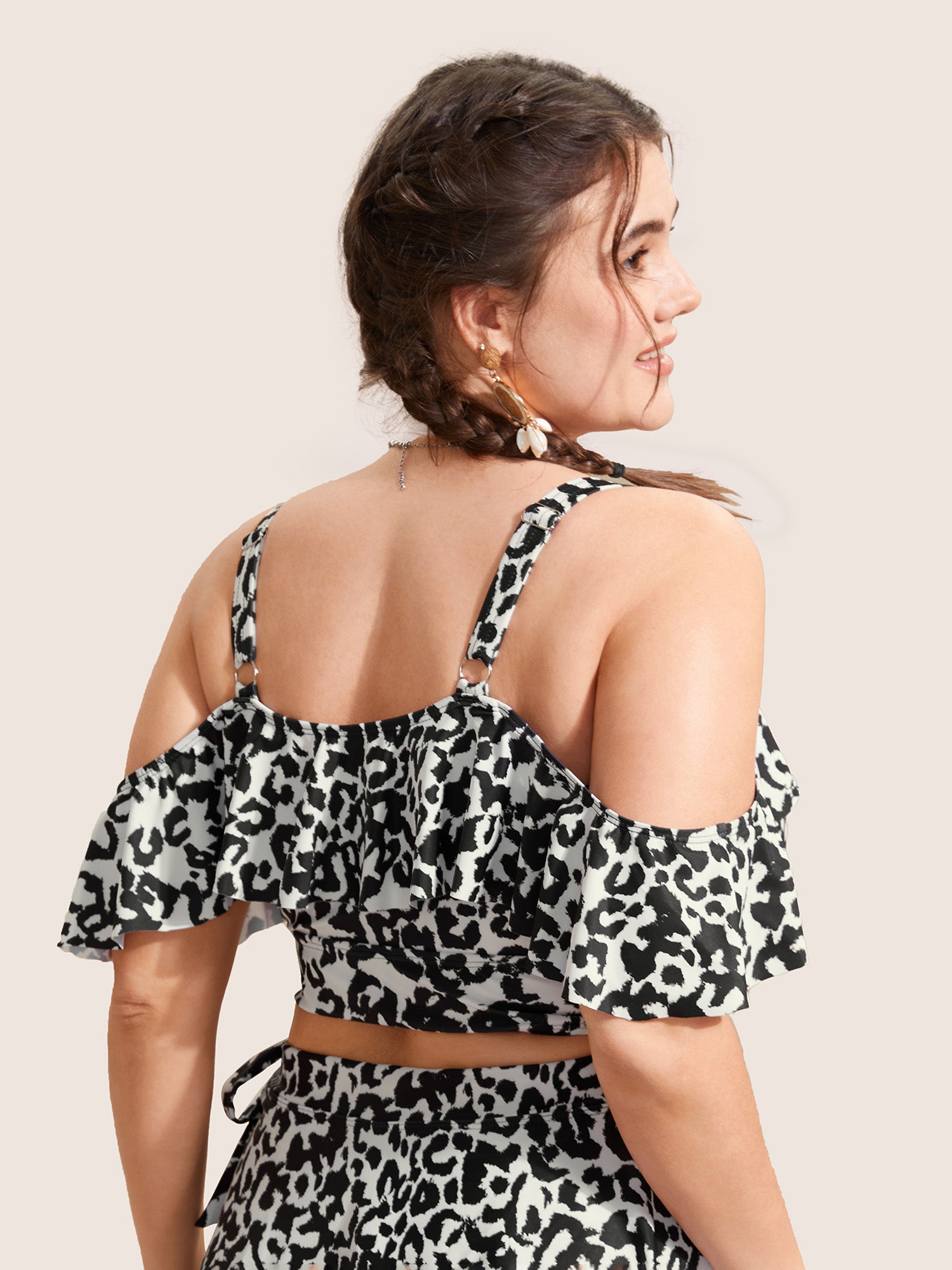 Leopard Print Ruffles Adjustable Straps Swim Top