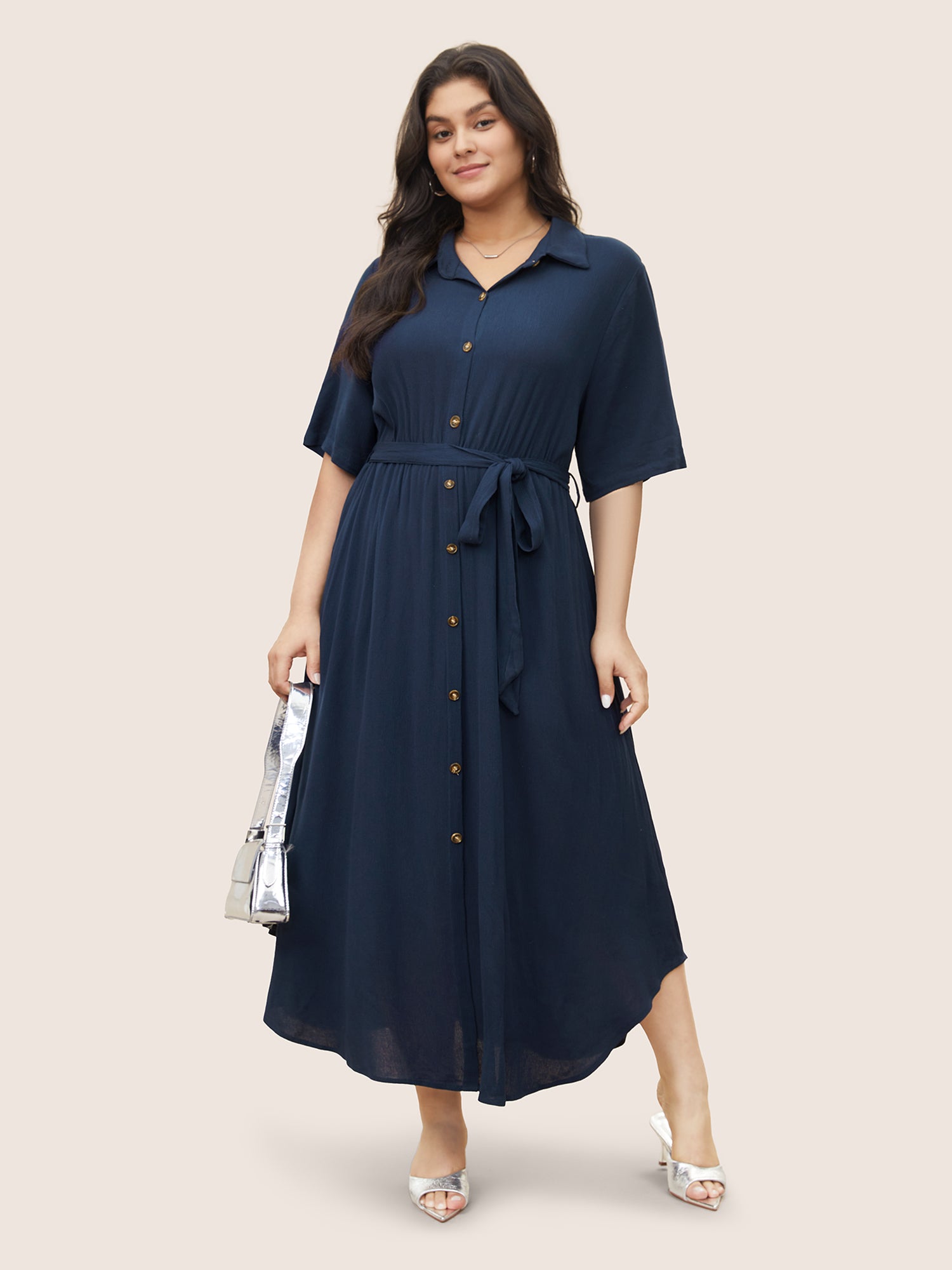 Solid Button Pocket Shirt Collar Belted Maxi Dress