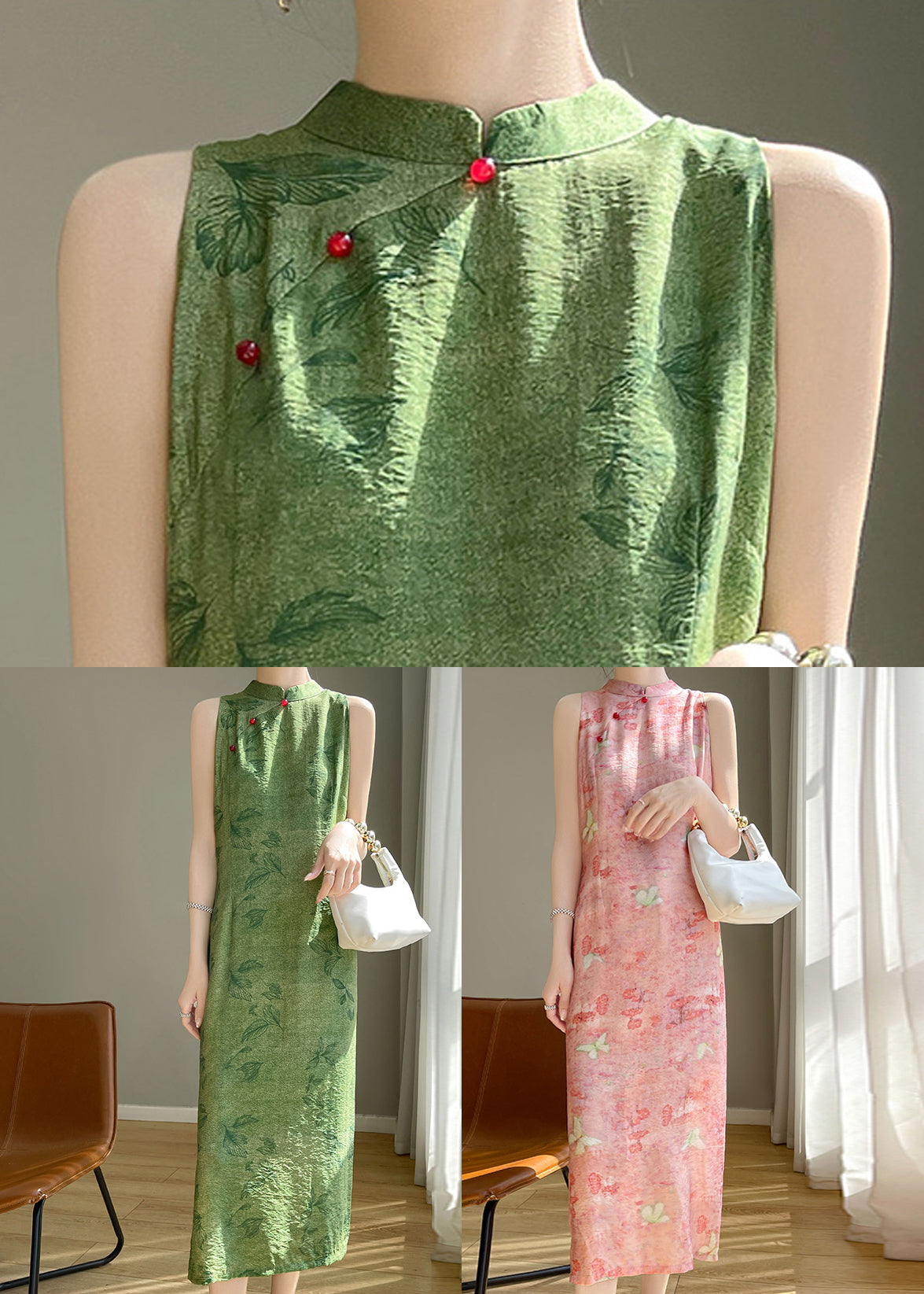 New Green Print Side Open Silk Cotton Long Dress Sleeveless