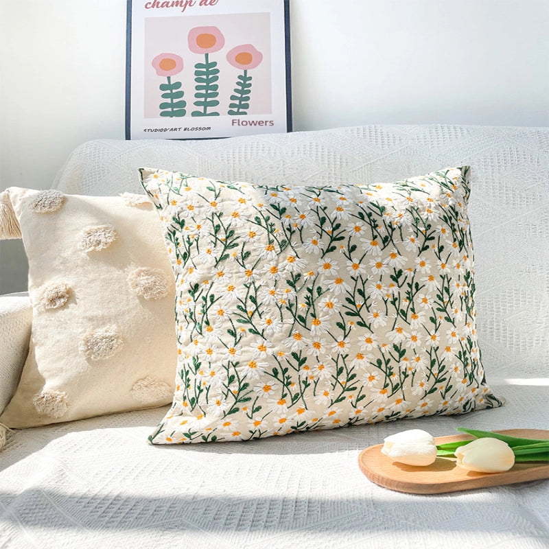 Embroidered Daisy Floral Pillow Case Light Luxury Pastoral Style Homestay Wear Bay Window Pillow Cushion Detachable And Washable Square Pillow