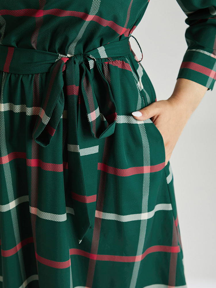 Plaid Stand Collar Gathered Belted Dress