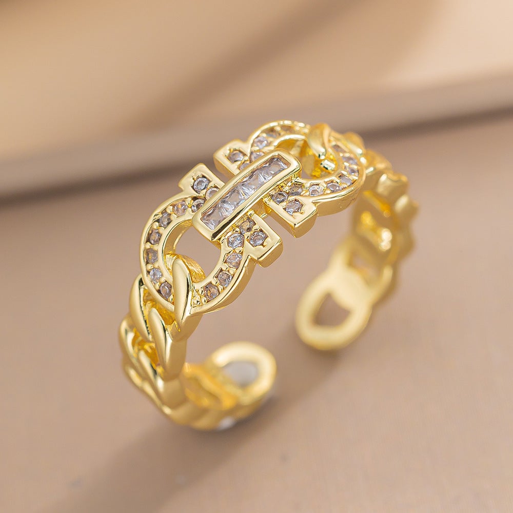 Shang Ins Chain Opening Adjustment Ring Female Version Micro-Inlaid Personality Couple Ring Retro Ancient Index Finger Ring