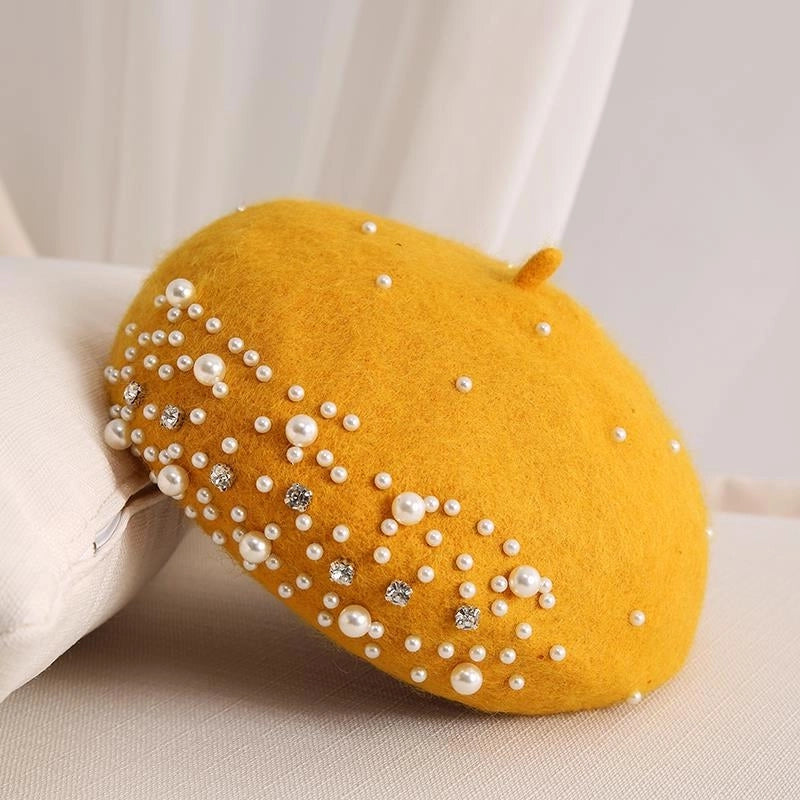 Style Pearl Rhinestone Wool Beret Women's Autumn And Winter British Style Retro Korean Style Japanese Style Western Style Painter Hat