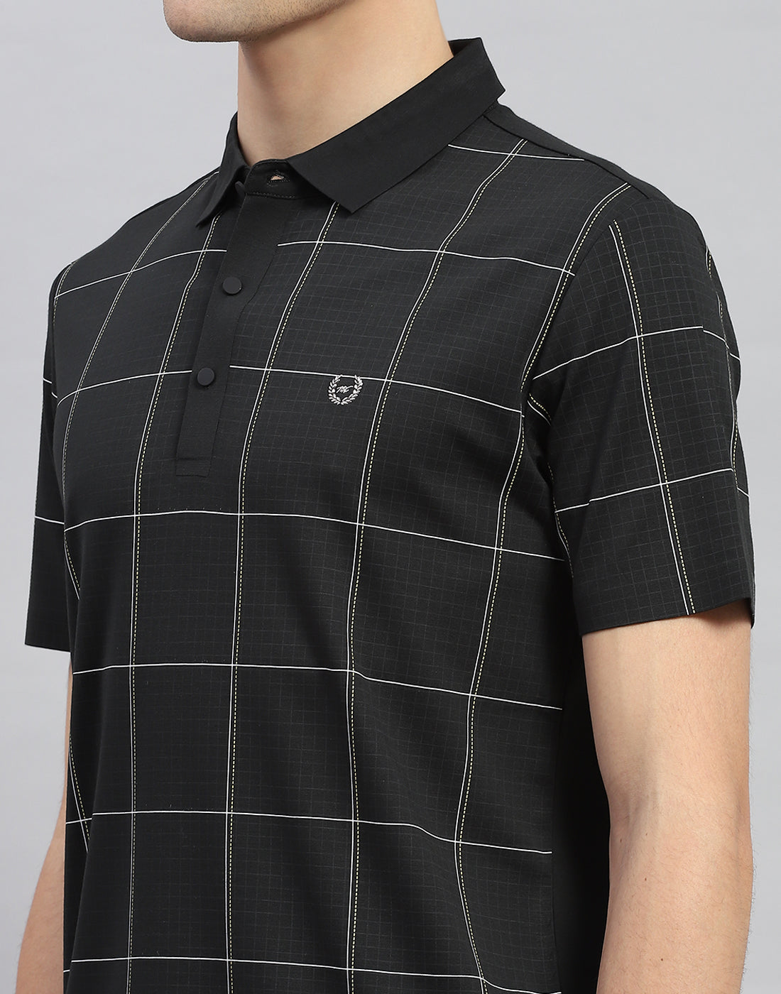 Men Black Check Polo Collar Half Sleeve T-Shirt