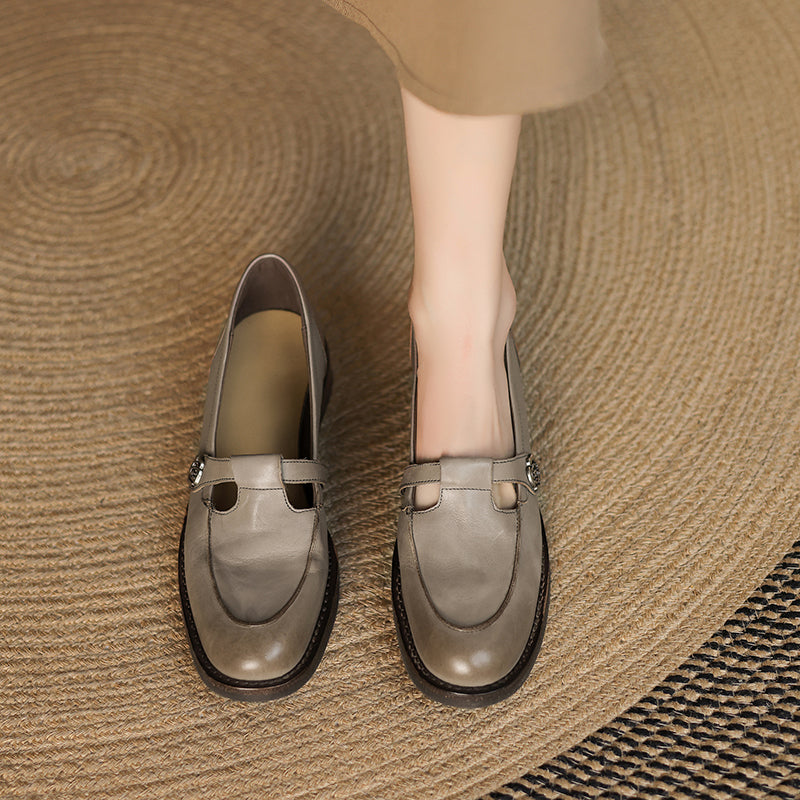 Vintage French-Style Mary Jane Leather Shoes with Metal Camellia Detail in Black/Coffee/Grey