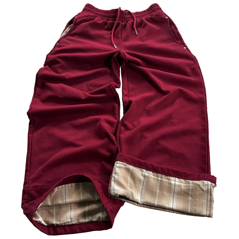 Plaid Lined Wide Length Drawstring Sweatpants With Side Pockets