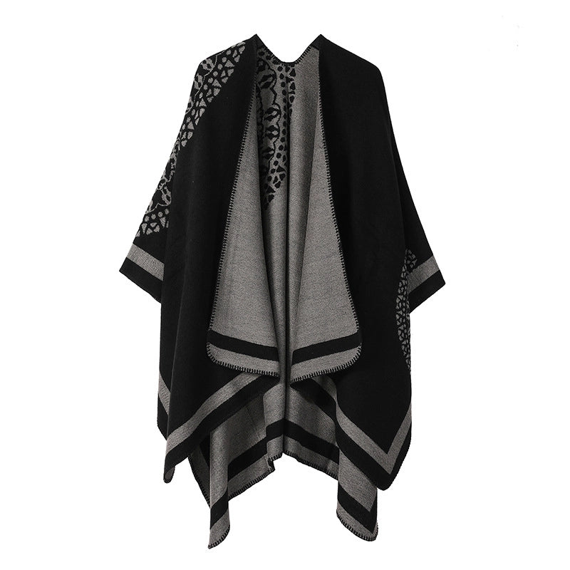 Winter Cashmere Double-sided Plaid Shawl Women's Outer Cape Increased Thickness Warm Knitted Scarf Spot