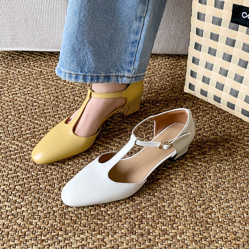 50mm Block Heel Leather T-Strap Mary Jane Summer Shoes in Yellow/White