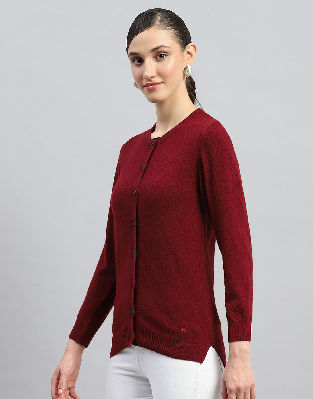 Women Maroon Solid Round Neck Full Sleeve Cardigan