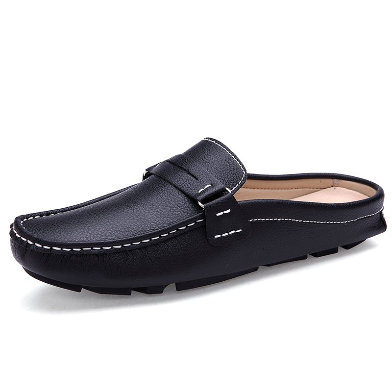 Fransikin business 2024 Brand Men Shoes Summer Casual Flat Shoes Soft Leather Shoes Slip-on Half Slippers Men Comfortable Driving Loafers Slides