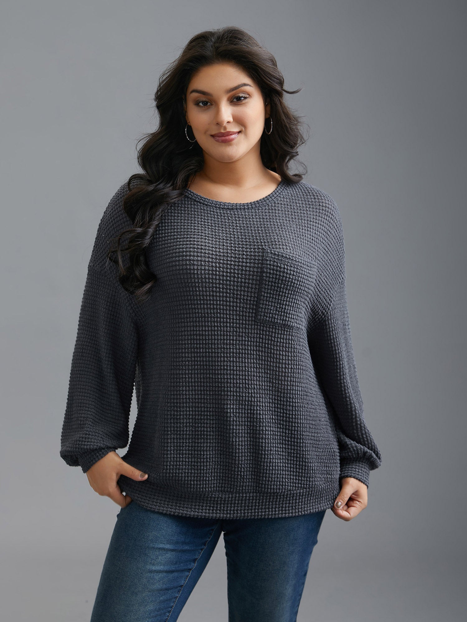 Round Neck Waffle Knit Patched Pocket Top