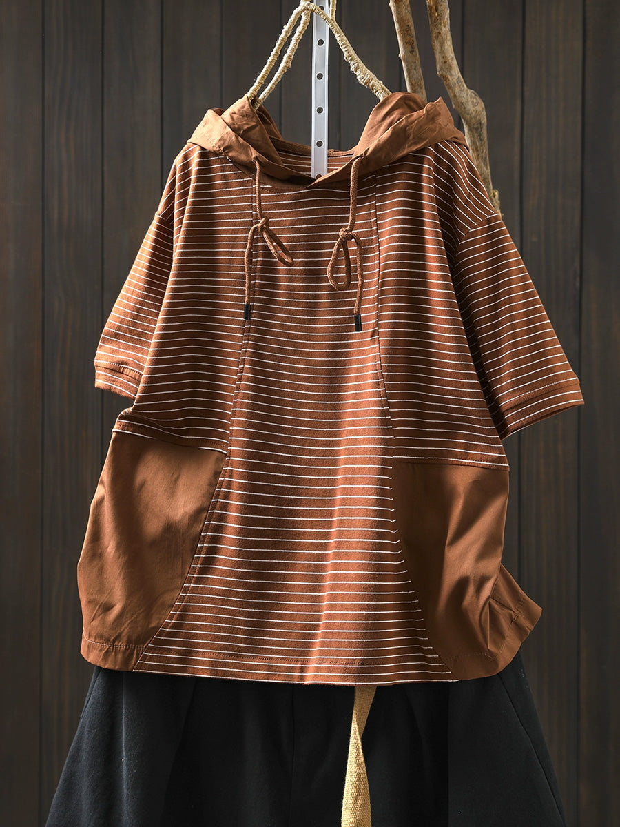 Women Summer Casual Stripe Spliced Hooded Cotton Shirt