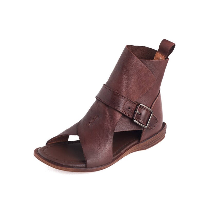 Handmade Leather Peep Toe Roman Flat Sandals Gladiator Boots with Buckle in Black/Coffee