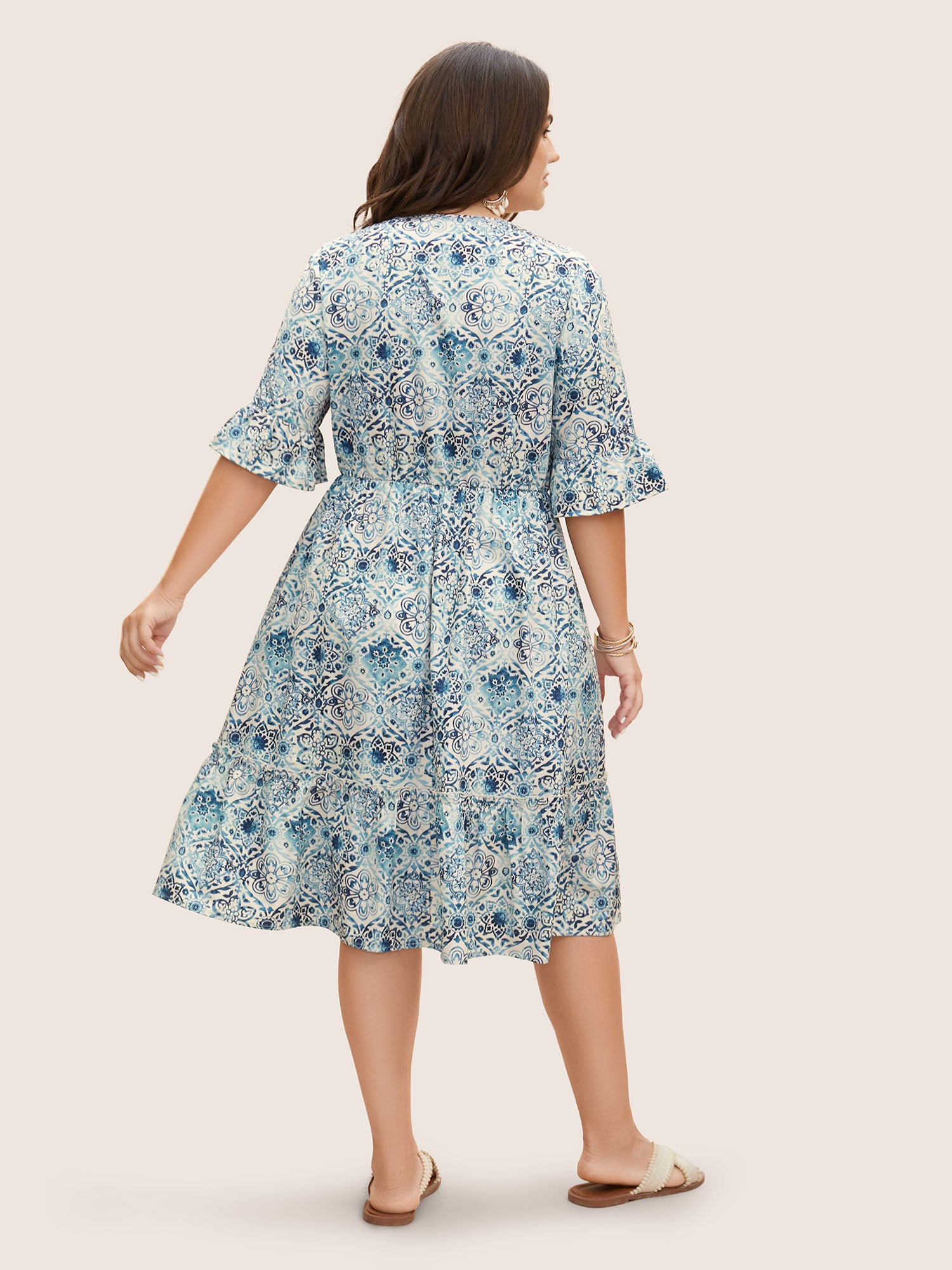 Boho Print Tassels Trim Flutter Sleeve Dress