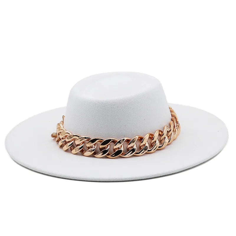 New Retro Ethnic Style 9.5 Brim Wool Woolen Felt Hat Concave Top Men's And Women's Top Hat Large Brim Thick Gold Chain Hat