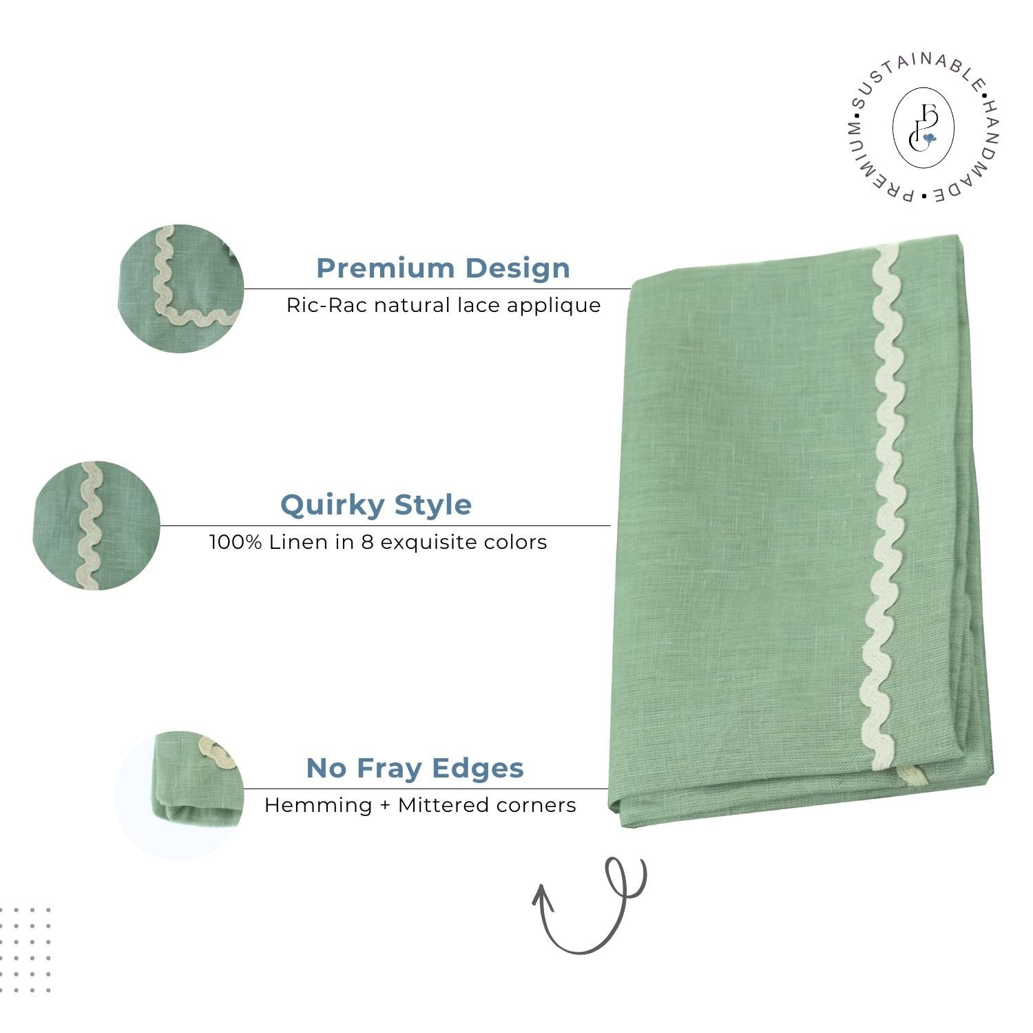 Sage Green Rick Rack Lace 100% Linen Napkins