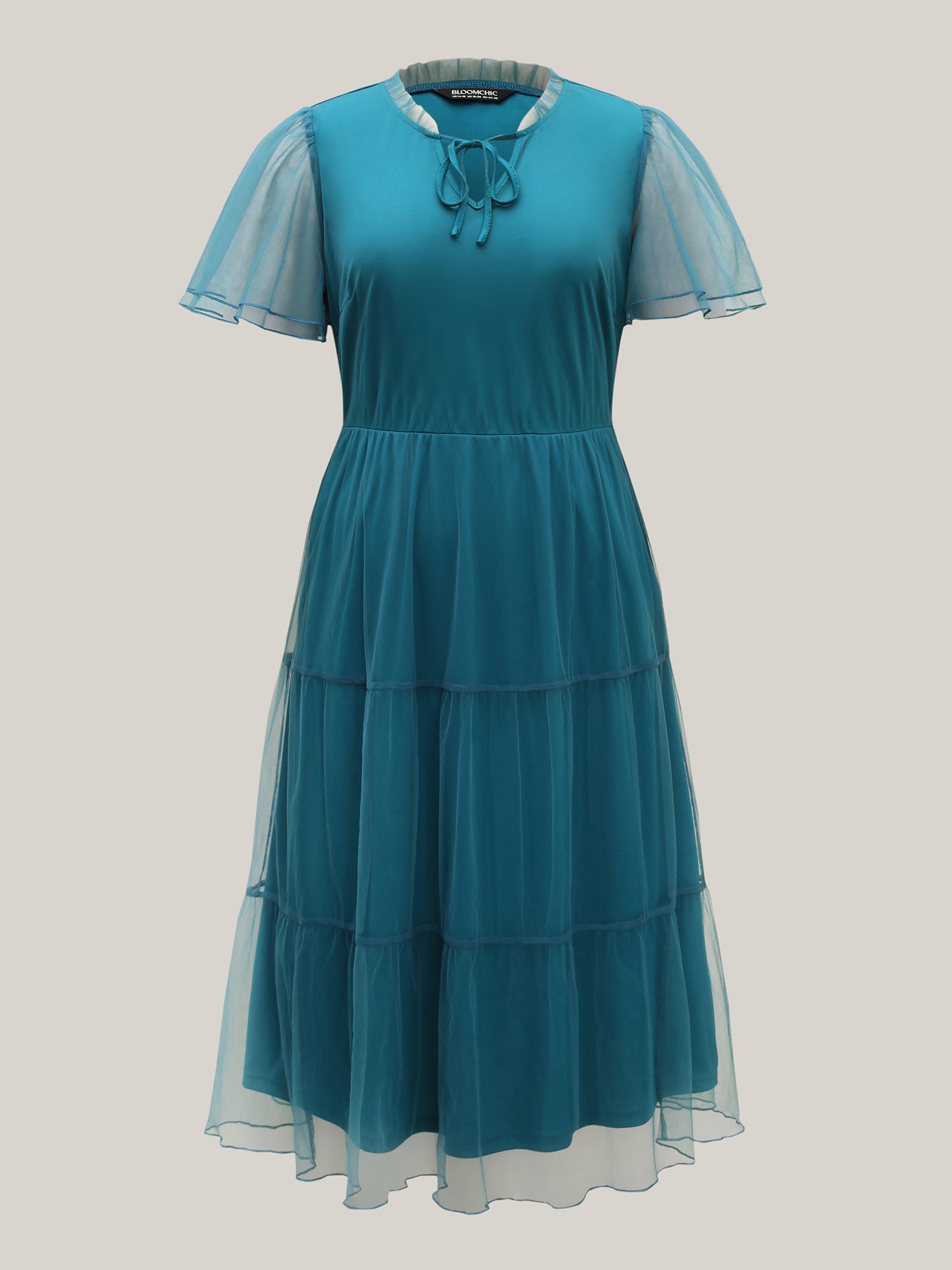 Stretchy Waist Neck Tie Sheer Midi Dress